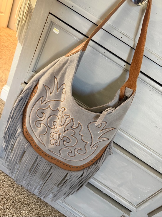 Myra Bag Handbags - Myra Bag Gray Suede Fringe Shoulder Bag with Tan Trim
